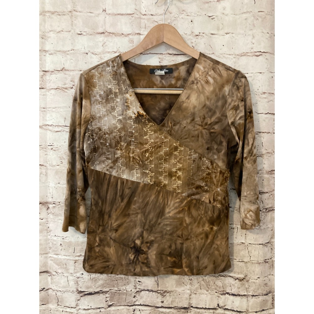 Only Nine Shirt Womens Large Brown Tie Dye Embroidered V Neck‎ Stretch